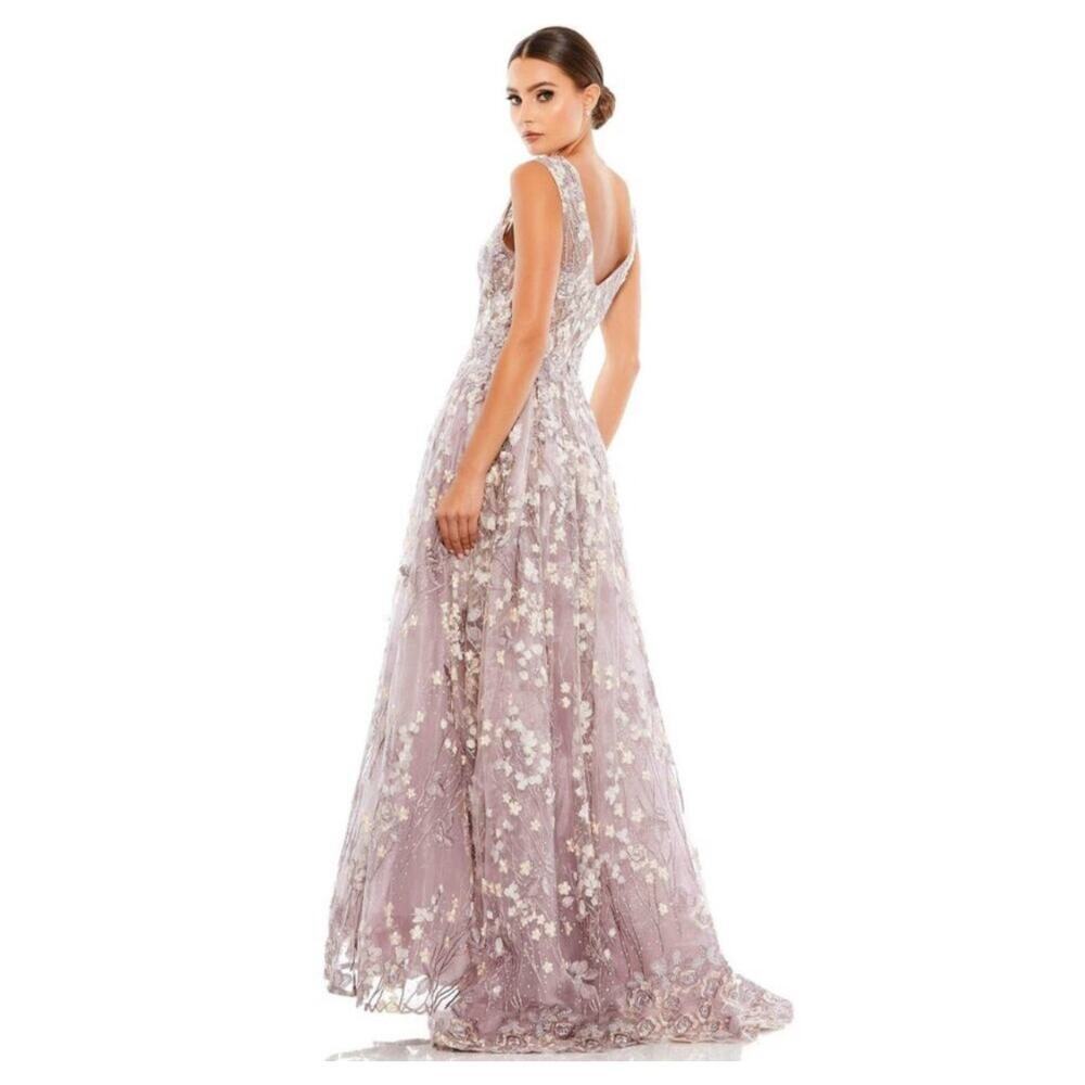 Mac Duggal Women's Floral Embroidered Illusion V-Neck Gown lilac 12 NWT